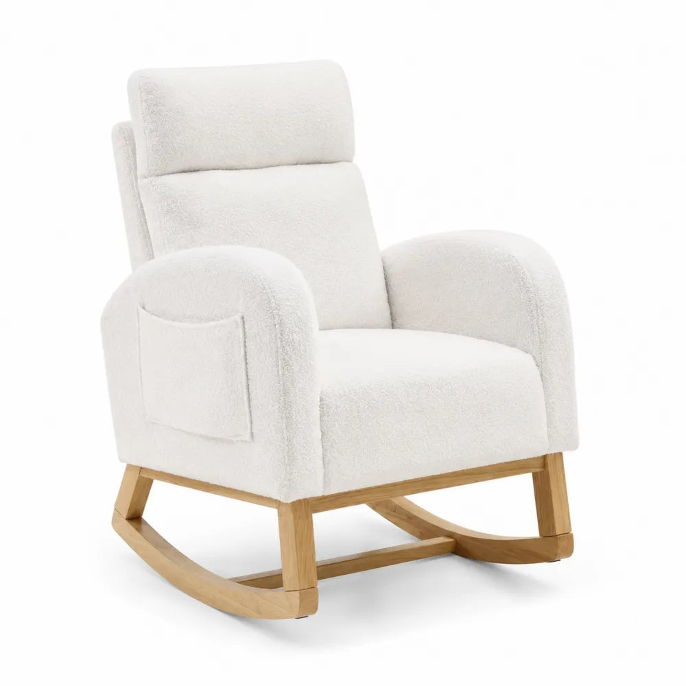 Fauteuil à bascule en bois et tissu bouclé