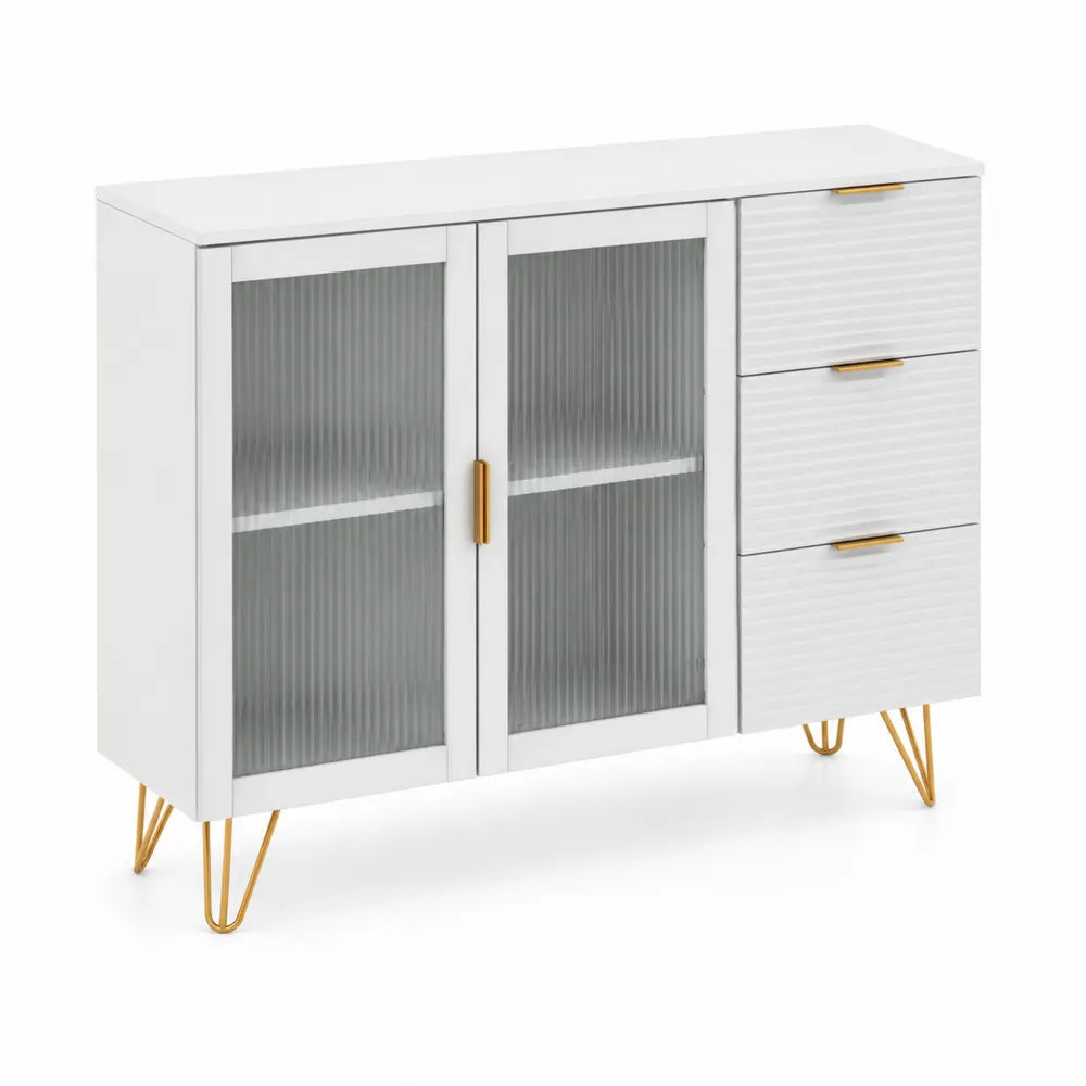 Buffet en bois blanc avec verre cannelé et accents dorés