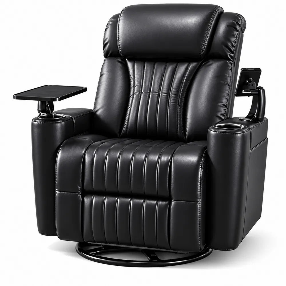 Fauteuil pivotant en cuir synthétique noir avec porte-gobelet et plateau