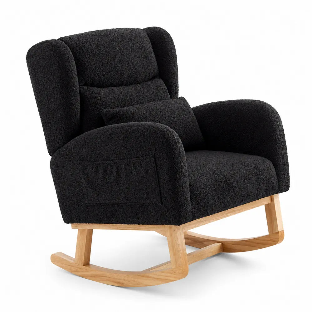 Fauteuil à bascule en bouclette noir avec base en bois