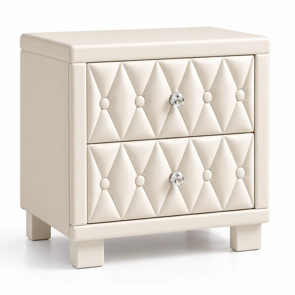 Table de chevet en bois et similicuir beige avec poignées en cristal