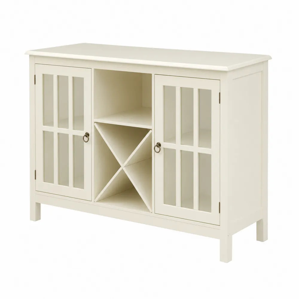 Buffet en bois blanc avec portes vitrées et rangement à vin